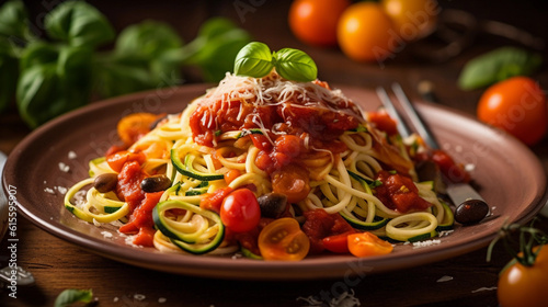 A plate of colorful vegetable spaghetti prepared with a spiralizer, accompanied by a light tomato sauce