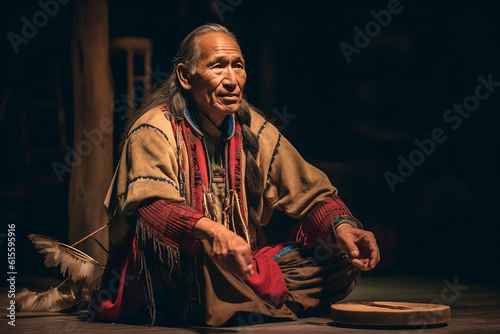 Native American storyteller captivating an audience with ancient legends in an engaging atmosphere Generative AI photo