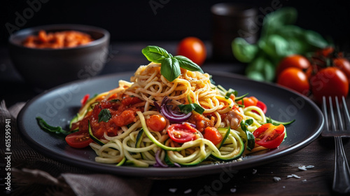 A plate of colorful vegetable spaghetti prepared with a spiralizer  accompanied by a light tomato sauce