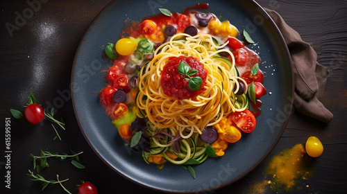 A plate of colorful vegetable spaghetti prepared with a spiralizer, accompanied by a light tomato sauce