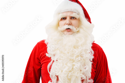 portrait of the surprised Santa Claus on a white background Christmas.