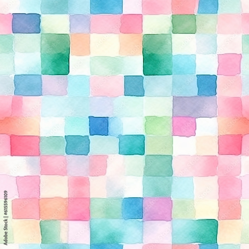 Seamless pattern background with abstract watercolor textured squares for printing, packaging, textile. Aquarelle simple mosaic on white background. Bright pastel colors	
