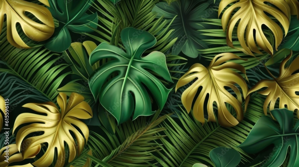 Green and golden luxury background with tropical leaves. Illustration AI Generative. Green and golden luxury background with tropical leaves. Illustration AI Generative.