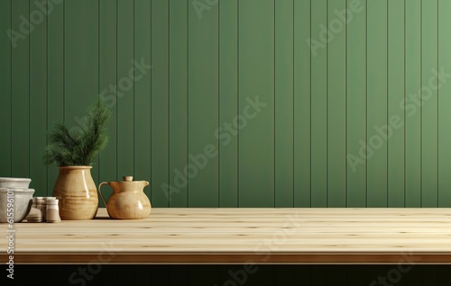 Table on green kitchen. Illustration AI Generative.