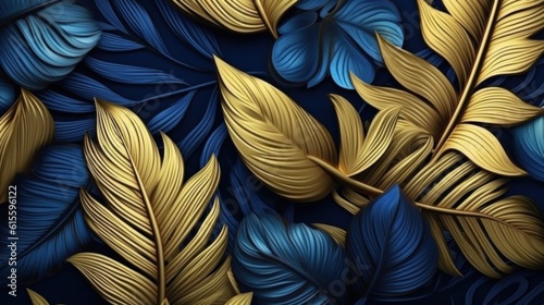 Blue and golden luxury background with tropical leaves. Illustration AI Gener...