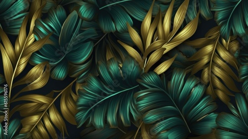 Green and golden luxury background with tropical leaves. Illustration AI Generative.