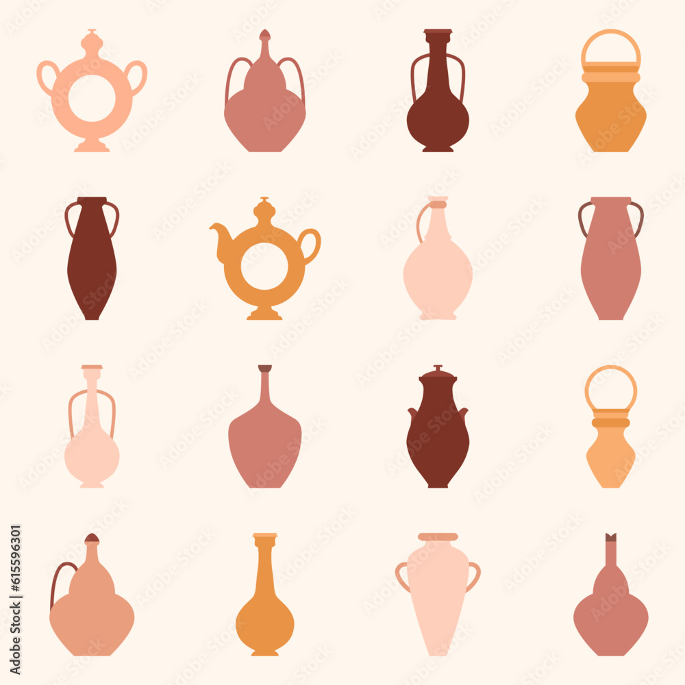 Vector flat illustration set. Various vases for drinking. Pottery studio icon set. Products made on potters wheel. Natural clay products in a simple style. Ukrainian traditional terracotta pots Vector flat illustration set. Various vases for drinking. Pottery studio icon set. Products made on potters wheel. Natural clay products in a simple style. Ukrainian traditional terracotta pots