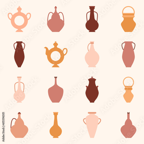 Vector flat illustration set. Various vases for drinking. Pottery studio icon set. Products made on potters wheel. Natural clay products in a simple style. Ukrainian traditional terracotta pots