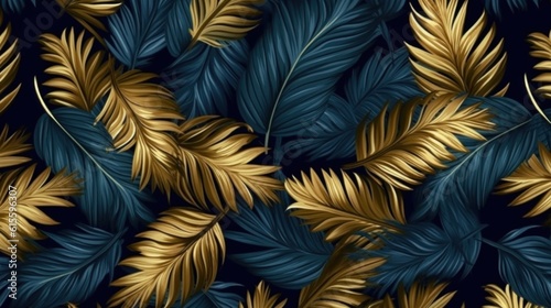 Blue and golden luxury background with tropical leaves. Illustration AI Generative. © olegganko