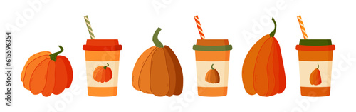 Set of pumpkin spice seasonal flavored products, coffee, latte. Autumn drinks and pumpkin