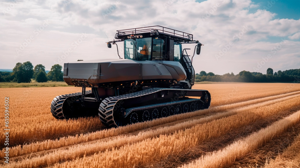 Self-driving combine harvester. Software sensor scans the field for obstacles and animals. Lane keeping technology. Generative Ai technology. Self-driving combine harvester. Software sensor scans the field for obstacles and animals. Lane keeping technology. Generative Ai technology.