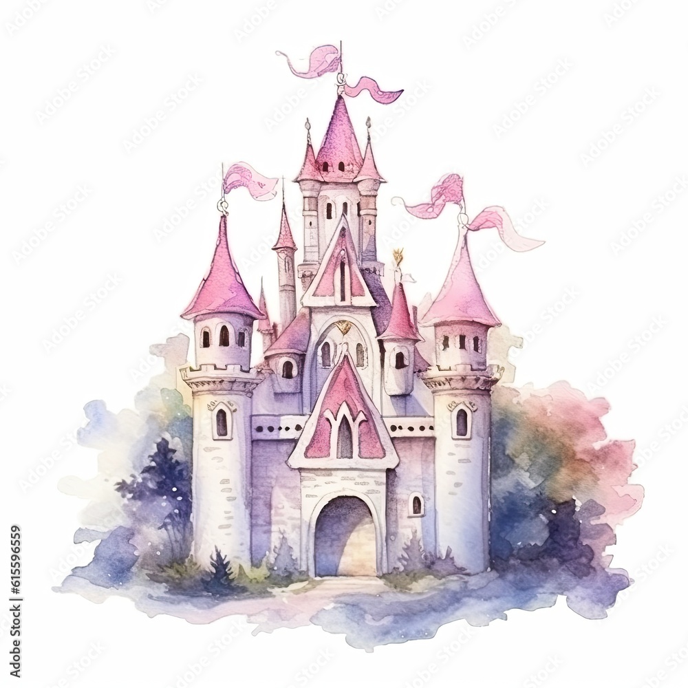 Cute watercolor princess castle. Illustration AI Generative. Cute watercolor princess castle. Illustration AI Generative.