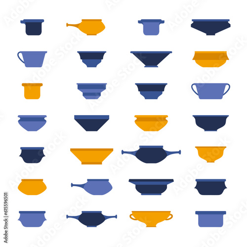 Vector flat illustration set. Various plates, bowls in traditional style. Pottery icon set. Products formed on potters wheel. Side view on symmetrical elements