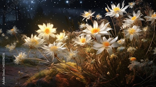 background of beautiful white flowers on a starry night  fabulous twinkling stars. Generative AI