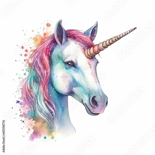 Cute watercolor unicorn. Illustration AI Generative.