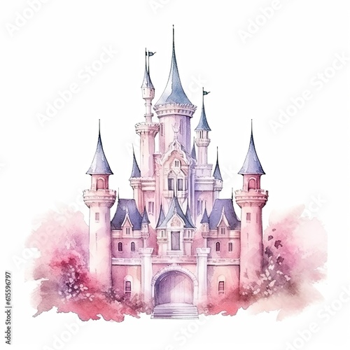 Cute watercolor princess castle. Illustration AI Generative.