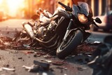 A motorcycle lays on the ground after being hit by a car in the middle of a city street. Road accident concept. Generative AI