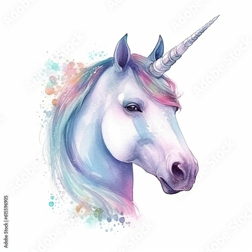 Cute watercolor unicorn. Illustration AI Generative.