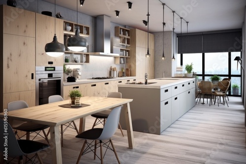 Modern kitchen in Scandinavian style. Illustration AI Generative.