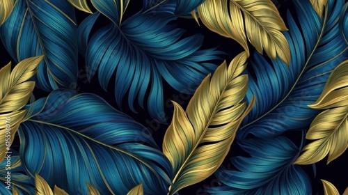 Blue and golden luxury background with tropical leaves. Illustration AI Gener...
