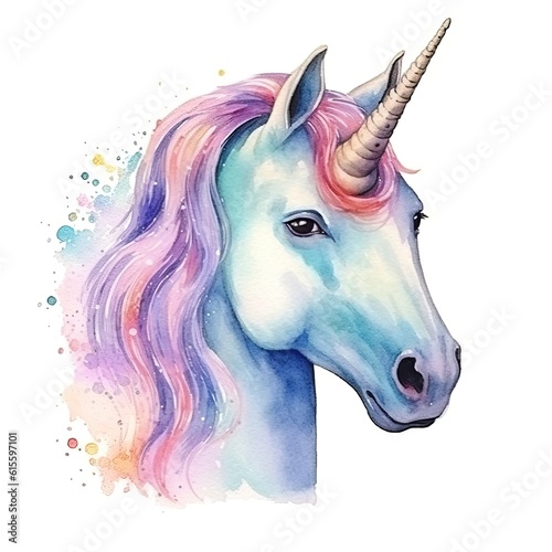 Cute watercolor unicorn. Illustration AI Generative.