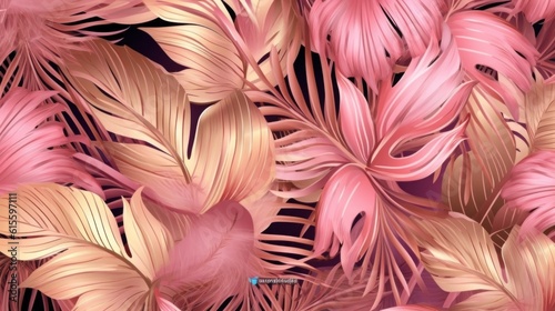 Pink and golden luxury background with tropical leaves. Illustration AI Gener...