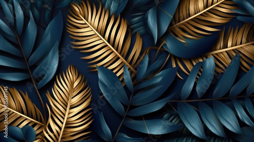 Blue and golden luxury background with tropical leaves. Illustration AI Gener...