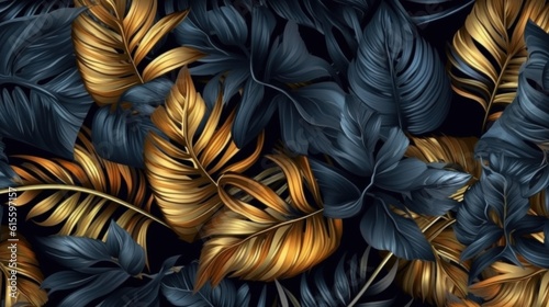 Blue and golden luxury background with tropical leaves. Illustration AI Gener...