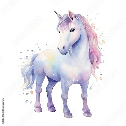 Cute watercolor unicorn. Illustration AI Generative.