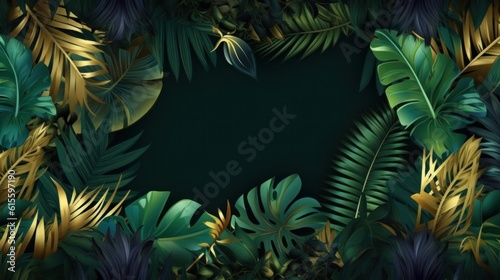 Green and golden luxury background with tropical leaves. Illustration AI Gene...