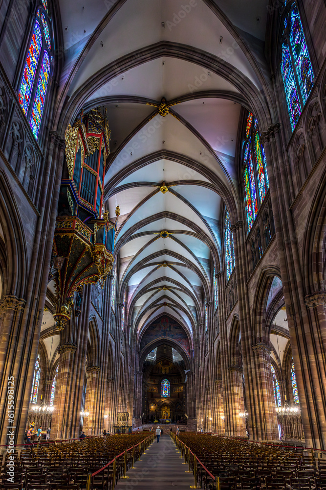 Strasbourg, France - June 19, 2023: Interior of the famous cathedral of Strasbourg. It is widely considered to be among the finest examples of late, Gothic architecture