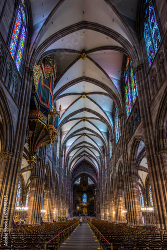 Strasbourg, France - June 19, 2023: Interior of the famous cathedral of Strasbourg. It is widely considered to be among the finest examples of late, Gothic architecture