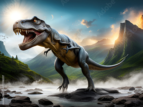 Tyrannosaurus rex t-rex dinosaur roaring in a prehistoric landscape - AI generated