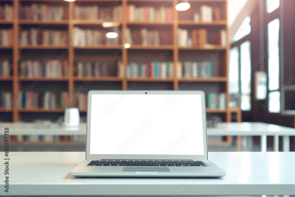 Modern computer, laptop with blank screen on blur library, working space background Modern computer, laptop with blank screen on blur library, working space background