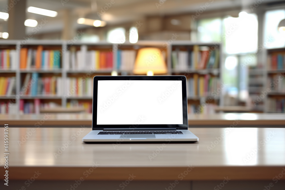 Modern computer, laptop with blank screen on blur library, working space background Modern computer, laptop with blank screen on blur library, working space background