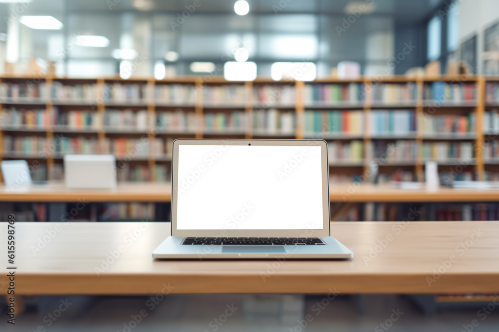 Modern computer, laptop with blank screen on blur library, working space background Modern computer, laptop with blank screen on blur library, working space background