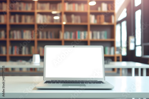 Modern computer, laptop with blank screen on blur library, working space background © MUS_GRAPHIC