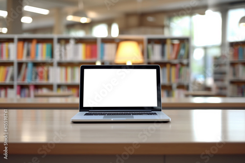 Modern computer, laptop with blank screen on blur library, working space background