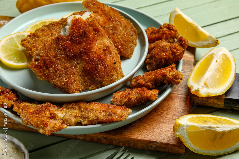 Plates of tasty fried codfish with lemon on green wooden background, closeup Plates of tasty fried codfish with lemon on green wooden background, closeup