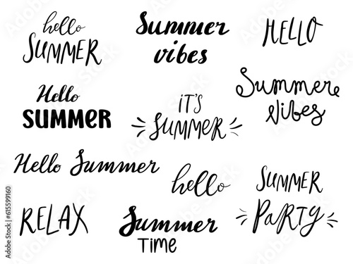 Set of Summer lettering. Handwritten text. Various typography, vector illustrations.