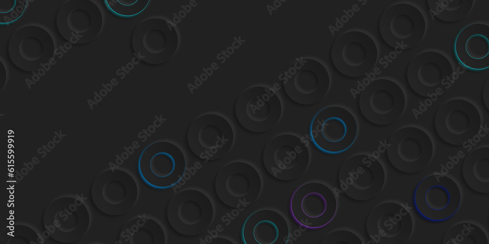 Neomorph black background with concave circles for cover design, banners, presentations, UI design. Accent circles with multi-colored neon illumination. Copy space Neomorph black background with concave circles for cover design, banners, presentations, UI design. Accent circles with multi-colored neon illumination. Copy space