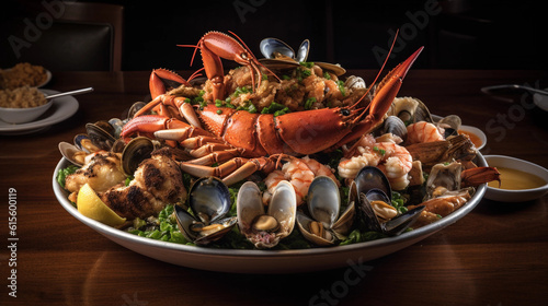 An artful composition of fresh seafood, including clams, shrimp, and crab