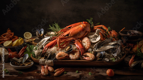 An artful composition of fresh seafood, including clams, shrimp, and crab