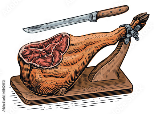 Ham leg on wooden stand. Dry meat, farm food. Vector illustration