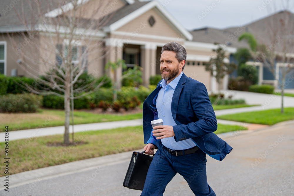 Business man with briefcase and take away coffee run outdoor. Businessman run down street, late meeting. Running business man. Fast business. Run and late business. Manager ceo run from home. Business man with briefcase and take away coffee run outdoor. Businessman run down street, late meeting. Running business man. Fast business. Run and late business. Manager ceo run from home.