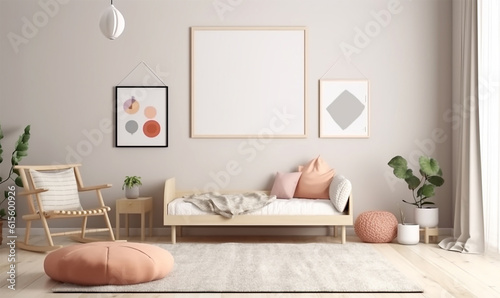 cornice di legno chiaro mock up in ambiente dai colori pastello arredato in stile minimalista  elegante  photo