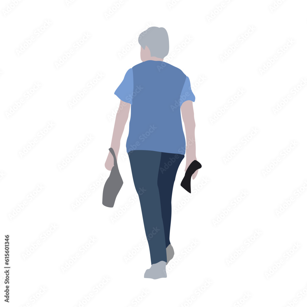 A woman walks down the street in summer clothes. 2D image to use as entourage. Flat city vector infographic.