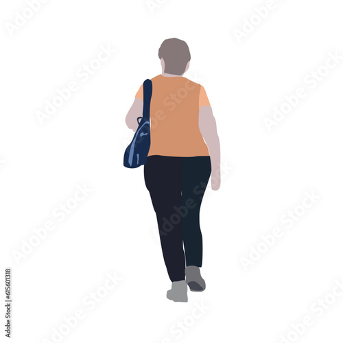 A plump elderly woman walks down the street in summer clothes. 2D image to use as entourage. Flat city vector infographic.