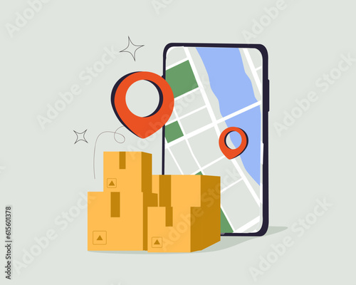 Online delivery phone concept. Fast respond delivery package shipping on mobile. Online order tracking with map. Vector