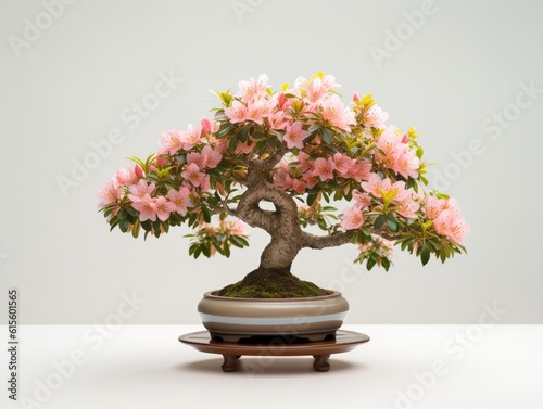 Blooming azalea satsuki indoor bonsai tree plant white background AI Generated Art photo